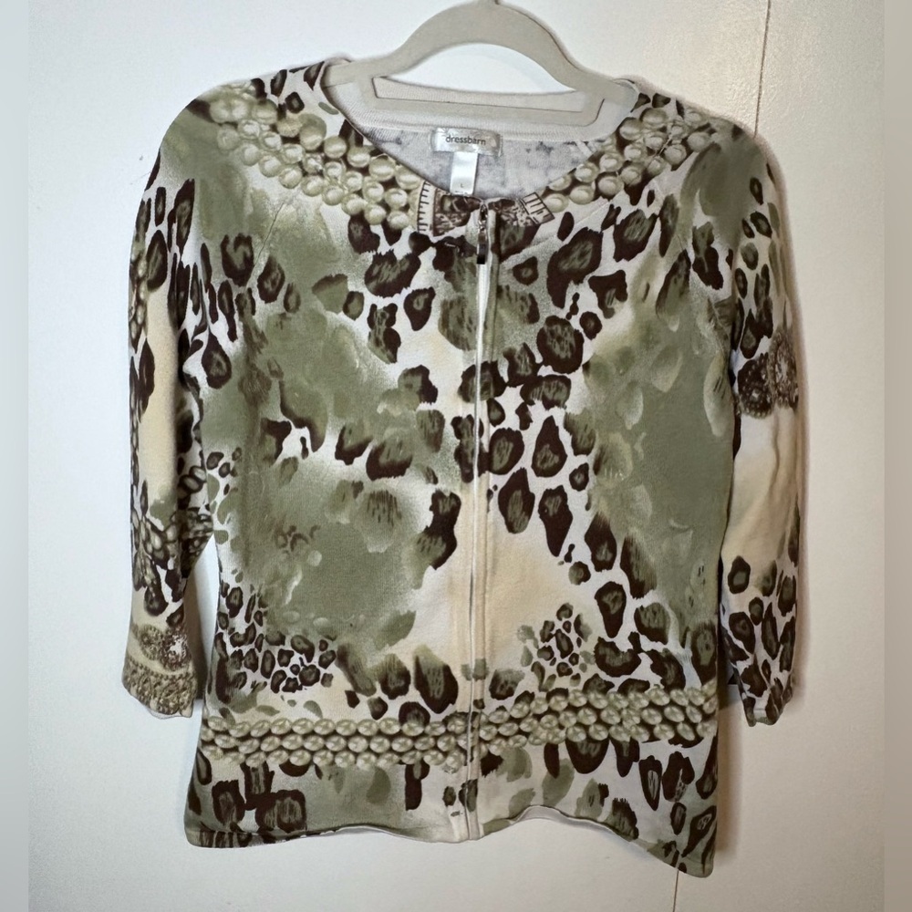 Dressbarn Animal Print Cardigan Sweater Women's Size Large Full Zip 3/4 Sleeve